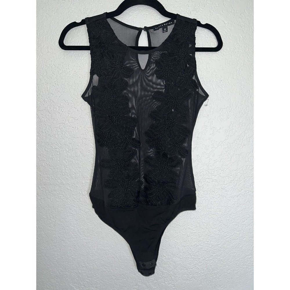 HAUTE Monde Black Bodysuit Sheer Floral Sleevless Size M Womens Sexy G - Picture 4 of 11
